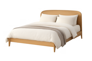 Comfortable bed with light wood frame and rounded headboard, clean white duvet, pillows, and a soft grey blanket, transparent background