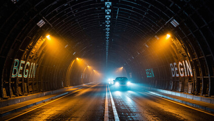 Car Entering Tunnel with Begin Signs and Bright Lights