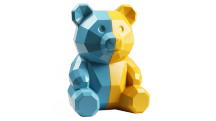 Blue and yellow geometric bear sitting isolated on a transparent background
