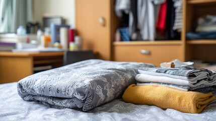 Graduation season theme, basketball and sports backpack placed on the stands beside the basketball court, graduation ribbons on the ground, background is gymnasium