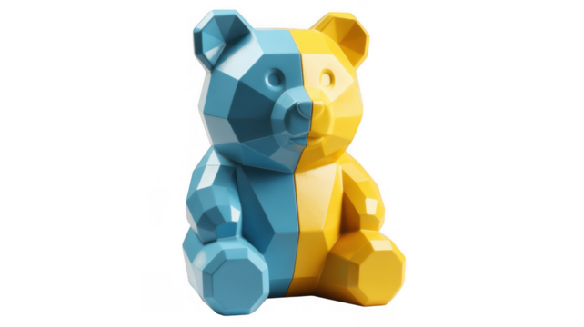 Blue and yellow geometric bear sitting isolated on a transparent background - Powered by Adobe