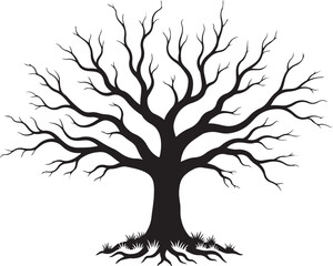 Vector art of a stark black silhouette of a bare deciduous tree with intricate branches stands isolated on a clean white background, symbolizing winter