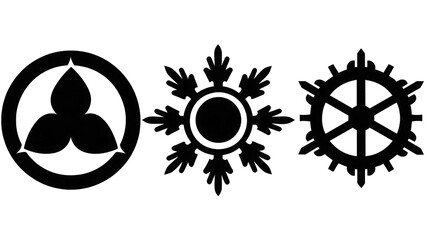 Three intricate symbols representing nature and harmony in a serene, minimalist design