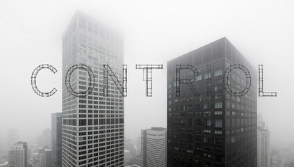 Black and White Cityscape with "Control" Text Overlay