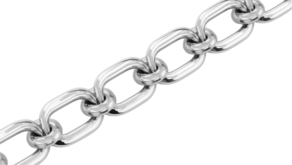 Close-up view of a strong, metallic chain made of interconnected oval links, showcasing its robust construction