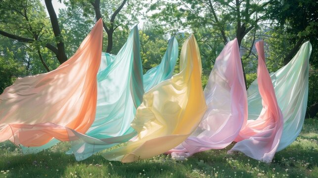 A symphony of pastelcolored fabrics sway in unison in a serene park backdrop.