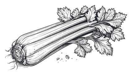 Monochrome illustration of a fresh celery stalk, with detailed shading and leafy top, isolated against a white background