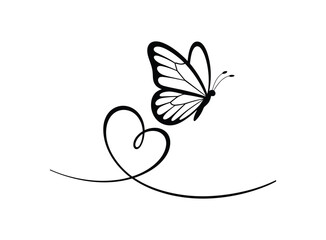Butterfly with delicate wings flying over a flowing heart shape line.