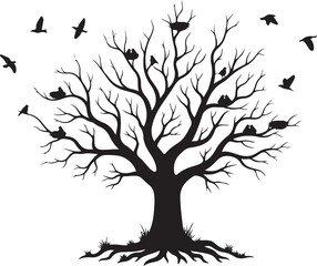 Fototapeta premium A tree and nesting with birds flying in the sky 