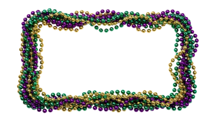 A colorful arrangement of Mardi Gras beads on transparent background