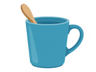 Blue coffee mug with wooden spoon blue mug kitchenware isolated on a transparent background