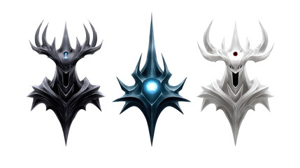 Three intricately designed abstract shields featuring dark and light themes, showcasing glowing elements