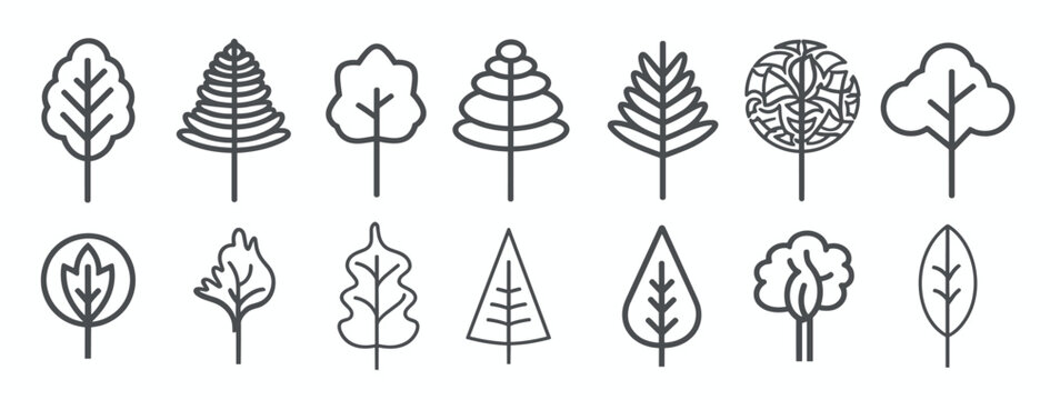 minimalistic tree icons in various geometric styles 