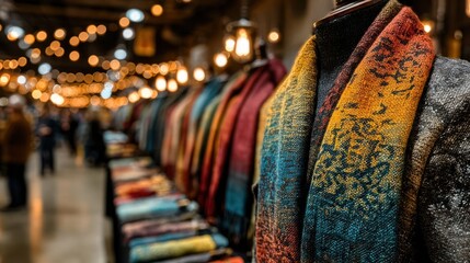 Colorful scarves displayed on mannequins, blurred crowd in background