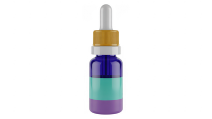 Blue glass bottle with dropper and colored label purple isolated on a transparent background