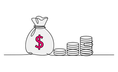 Money bag with pink dollar sign next to stacks of coins.