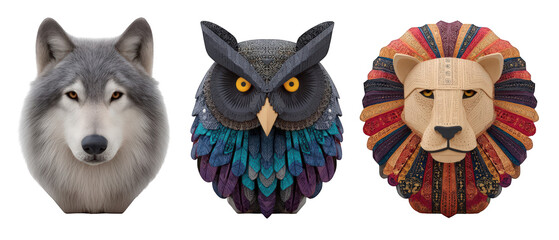 Three intricately designed animal heads a wolf, an owl, and a lion, showcasing artistic craftsmanship
