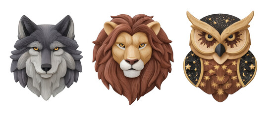 Three intricately designed animal heads featuring a wolf, lion, and owl against a transparent background