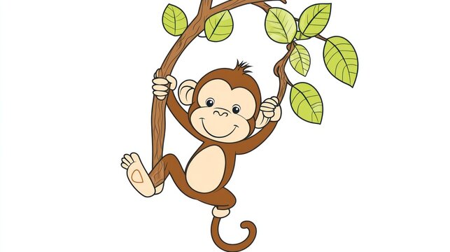 Cartoon monkey swinging from tree branch leaves isolated on white background