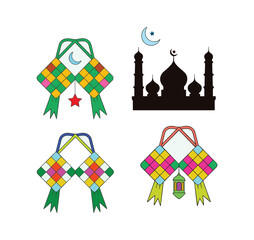 Islamic crescent moon mosque silhouette and colorful ketupat decorations ramadan.