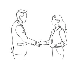 Man and woman in business attire shaking hands in a simple line handshake meeting agreement.