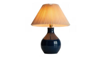 Blue lamp with white pleated shade lit isolated on a transparent background