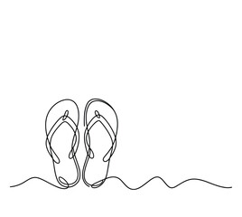 Line art of two flip flops on wavy sand sandal footwear summer.