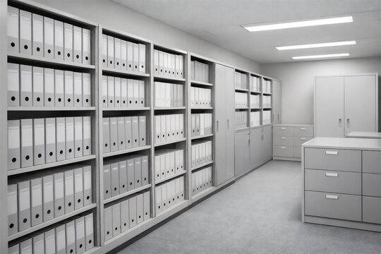 書類棚、キャビネット、ファイル、整理整頓、管理、行政、役所、公共施設、オフィス、事務室、書類管理、バックオフィス、無人、人物なし、静かな空間、信頼、安心、公的機関、内部業務、裏方、白、グレー、無機質、清潔感、実務、業務イメージ、横長、背景素材、コーポレート、ビジネス