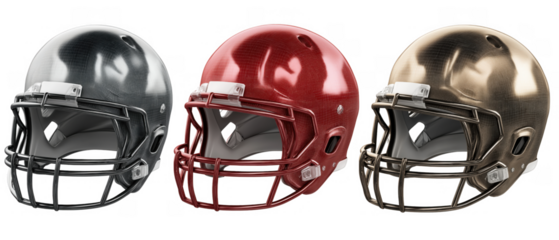 Three colored football helmets on white, created AI, PNG