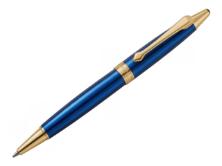 Blue pen with gold accents and clip isolated on a transparent background