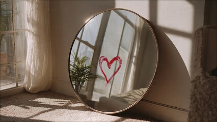 Red Lipstick Heart Drawn on Round Mirror | Self Love & Self Care Concept | Bright Airy Aesthetic Room Background