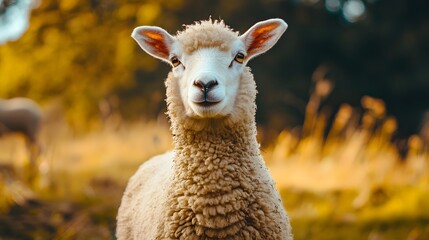 A close-up portrait of a white sheep with fluffy wool, looking directly at the camera with a curious expression, set against a blurred background of golden and green foliage.
