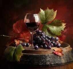 Red Wine Glass and Grapes on a Barrel, Still Life.