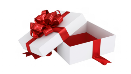 Open gift box with red ribbon and bow for holidays, created AI, PNG