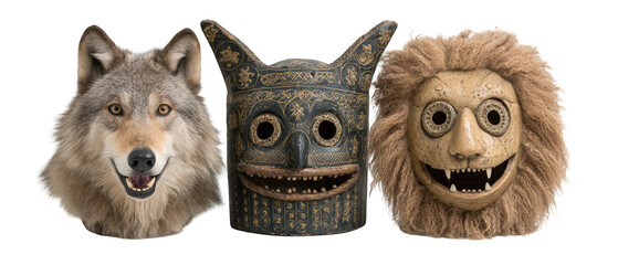 Three intricately designed animal masks displayed against a neutral background, showcasing craftsmanship