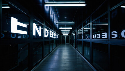 Dark Modern Corridor with Illuminated Signage