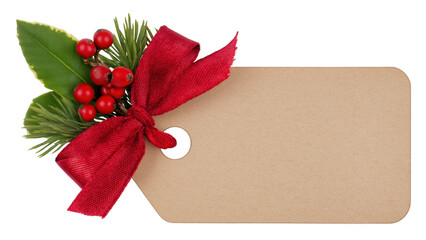 Festive tag with berries and ribbon for gifts, created AI, PNG