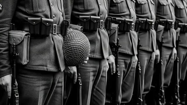 Black and White Image of Soldiers Standing in Formation, Uniforms.