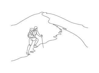 Single line art of a hiker with backpack climbing a mountain path.