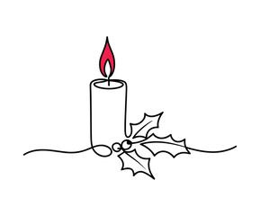 Single line of a lit candle with red flame and holly leaves.