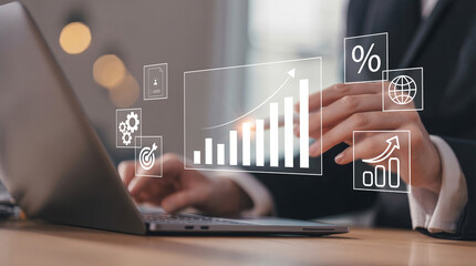 Businessman analyzing profit and quality management concepts with financial data visualization, focusing on long-term cost planning, product quality control, budgeting, financial forecasting, and reve