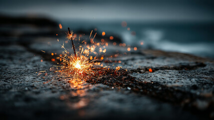 a lit sparkler emitting bright sparks on a dark surface.