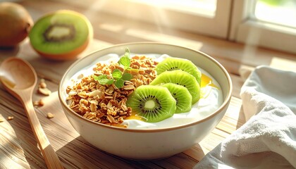 키위와 그래놀라, 꿀을 곁들인 건강한 요거트 볼 Yogurt Bowl with Kiwi, Granola, and Honey in Natural Light