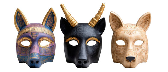 Three intricately designed animal masks representing various cultural themes, displayed against a neutral background