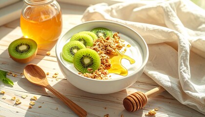 햇살 비치는 테이블 위 키위와 그래놀라, 꿀을 곁들인 신선한 요거트 볼 Fresh yogurt bowl with kiwi slices, granola and honey on sunny table