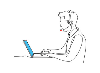 Single line of a man wearing microphone a headset typing on a laptop.