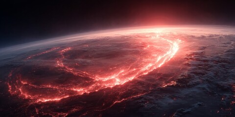 Obraz premium Stunning Lava Flow on Earth with Glowing Red Streams and Cloud Coverage Above the Planet Enhancing the Celestial Natural Beauty of Our World