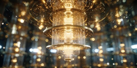 Obraz premium Elegant Abstract Golden Chandelier with Sparkling Lights in a Reflective Environment