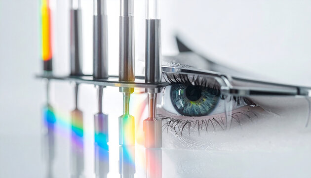 Spectroscopic Vision: Close-up of eye reflecting laboratory equipment and colorful light spectra, capturing the essence of scientific exploration and vision 