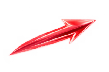 Red glossy 3d arrow pointing up and right, illustrating business growth, financial progress, and success concept on transparent background